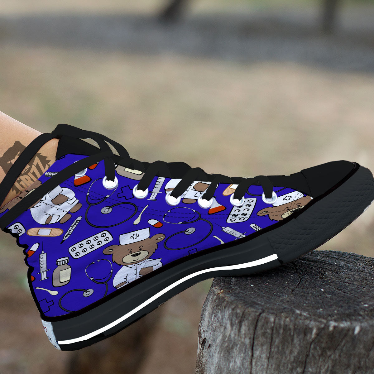 Navy Green Teddy Bear Nurse Black High Top Shoes-grizzshop