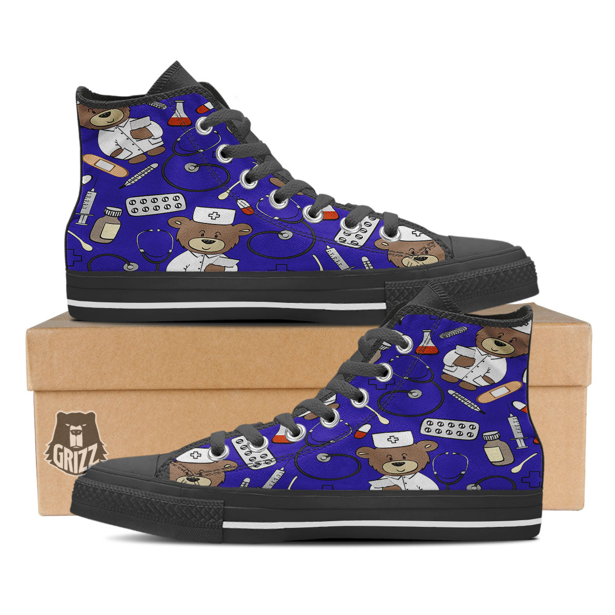 Navy Green Teddy Bear Nurse Black High Top Shoes-grizzshop