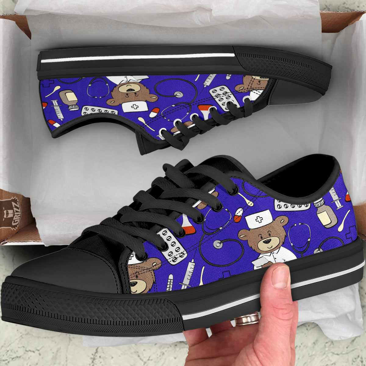 Navy Green Teddy Bear Nurse Black Low Top Shoes-grizzshop