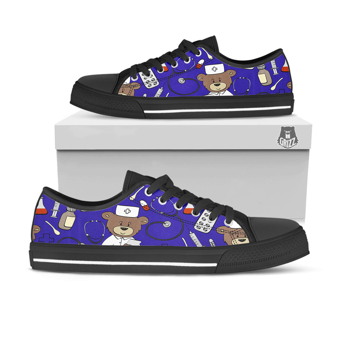 Navy Green Teddy Bear Nurse Black Low Top Shoes-grizzshop