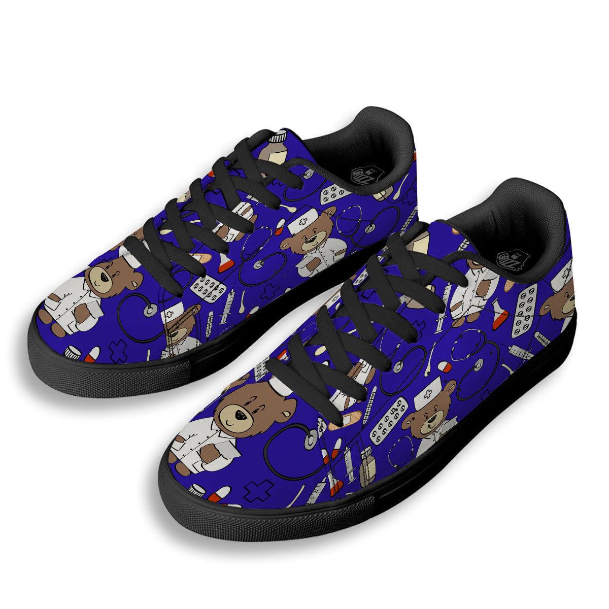 Navy Green Teddy Bear Nurse Black Low Top Sneakers-grizzshop