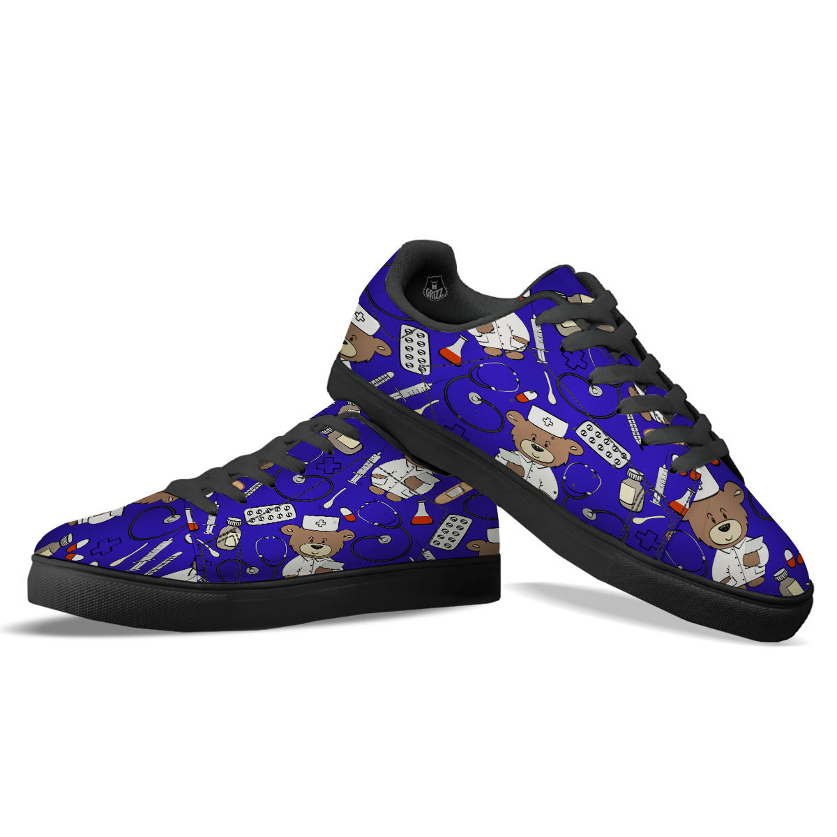 Navy Green Teddy Bear Nurse Black Low Top Sneakers-grizzshop