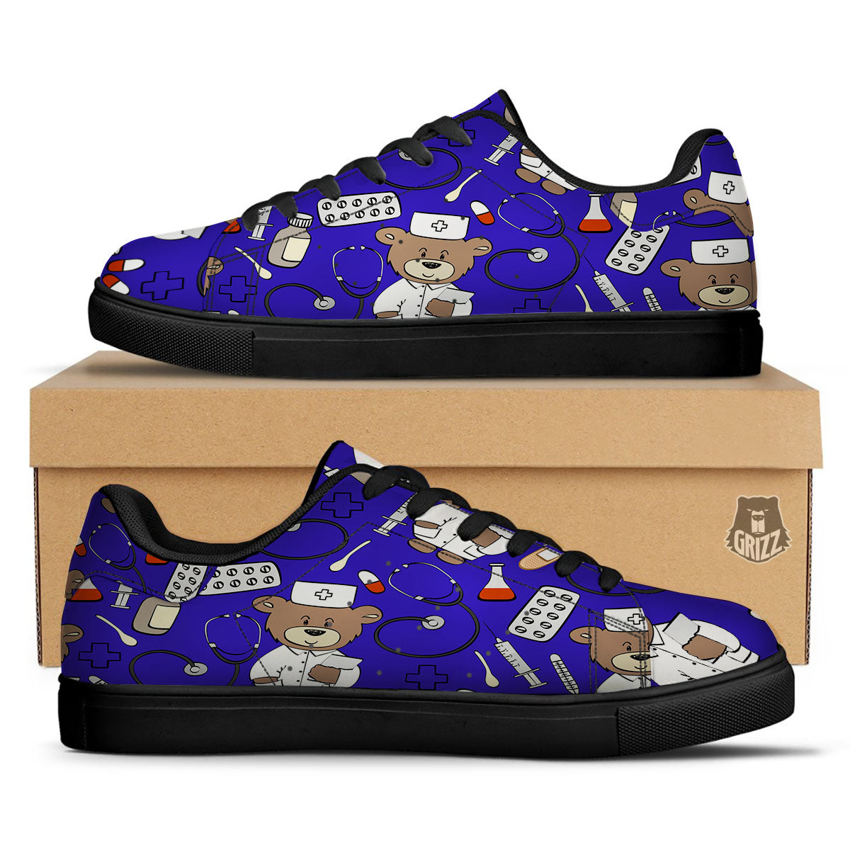 Navy Green Teddy Bear Nurse Black Low Top Sneakers-grizzshop