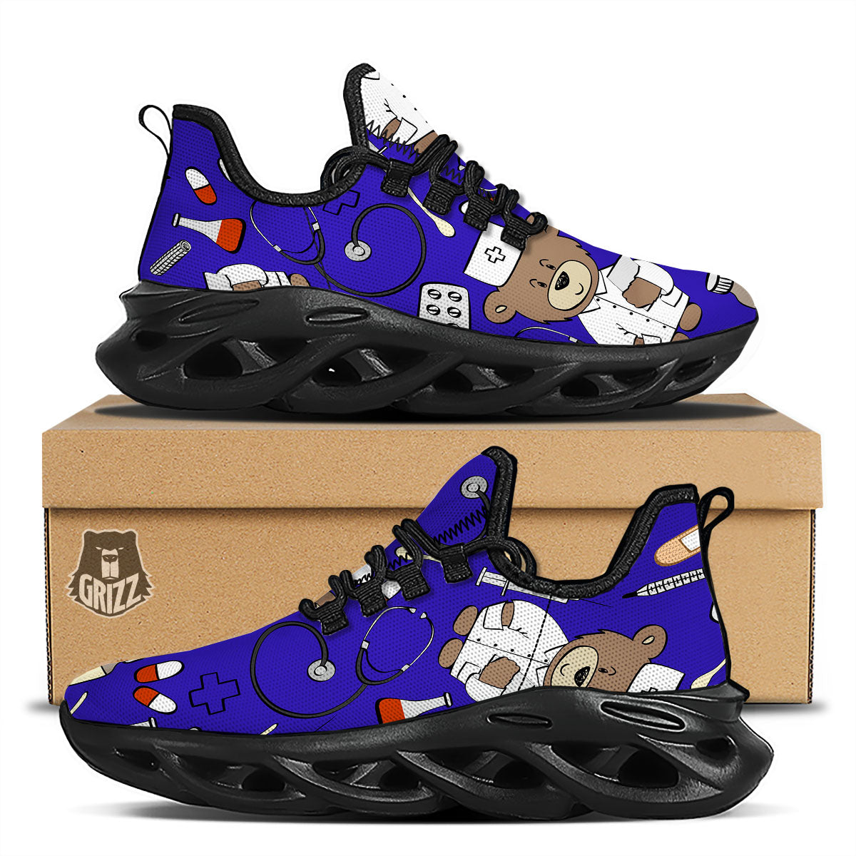 Navy Green Teddy Bear Nurse Black Running Shoes-grizzshop