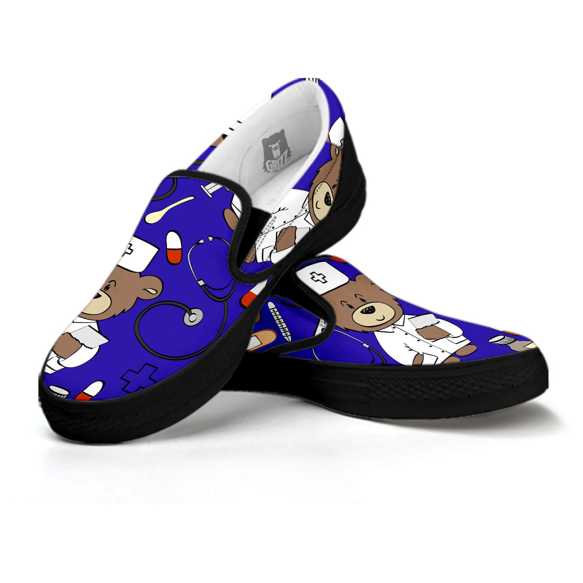 Navy Green Teddy Bear Nurse Black Slip On Shoes-grizzshop