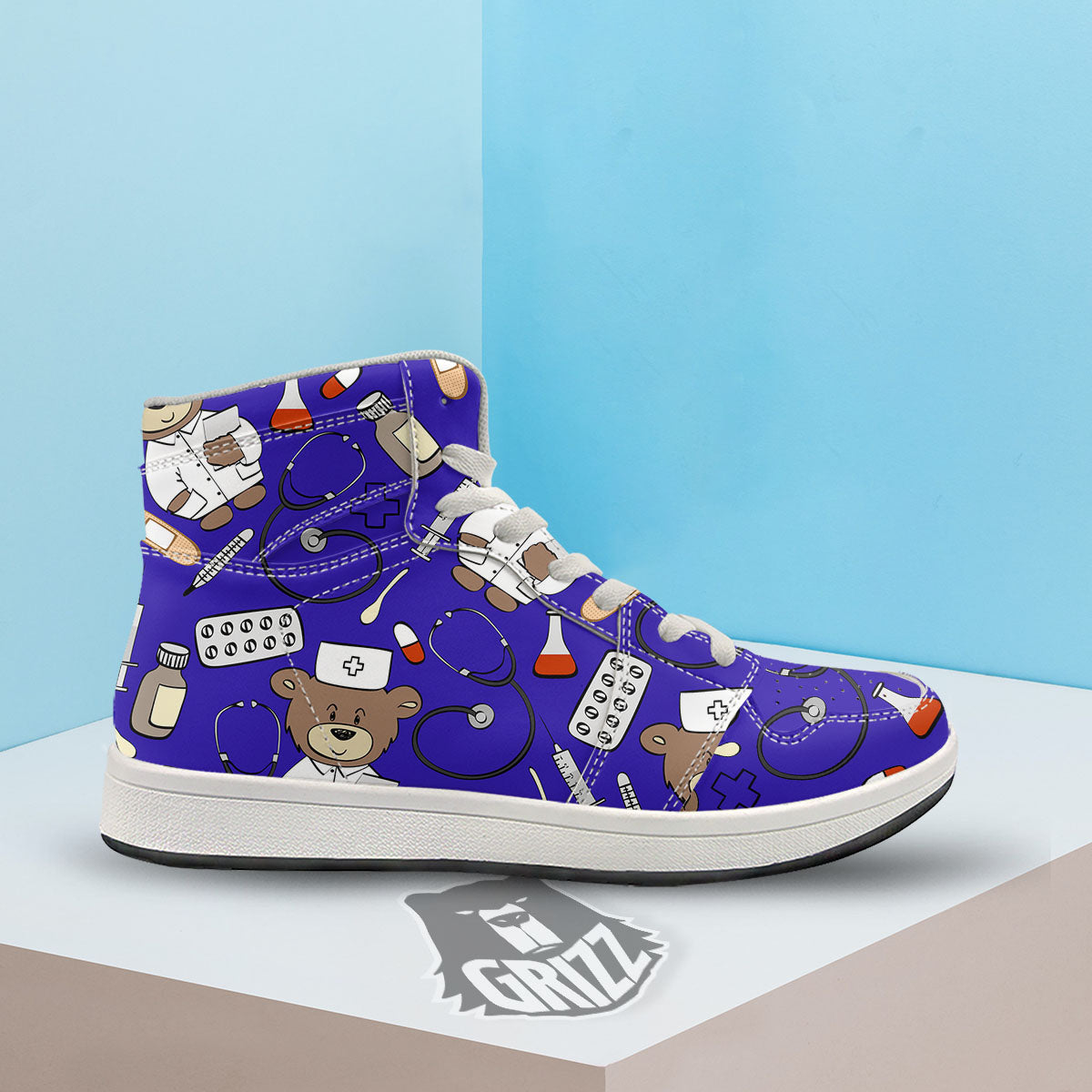 Navy Green Teddy Bear Nurse High Top Sneakers-grizzshop