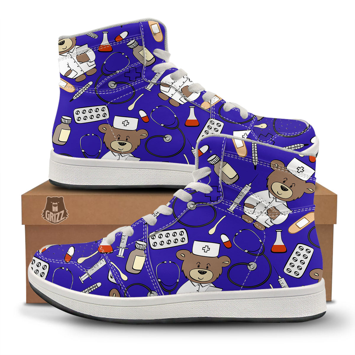 Navy Green Teddy Bear Nurse High Top Sneakers-grizzshop