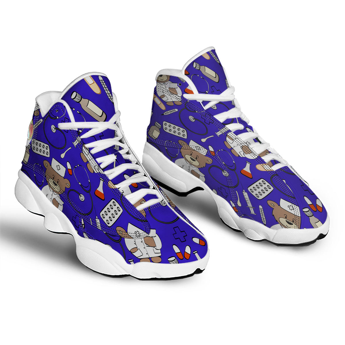 Navy Green Teddy Bear Nurse White Basketball Shoes-grizzshop
