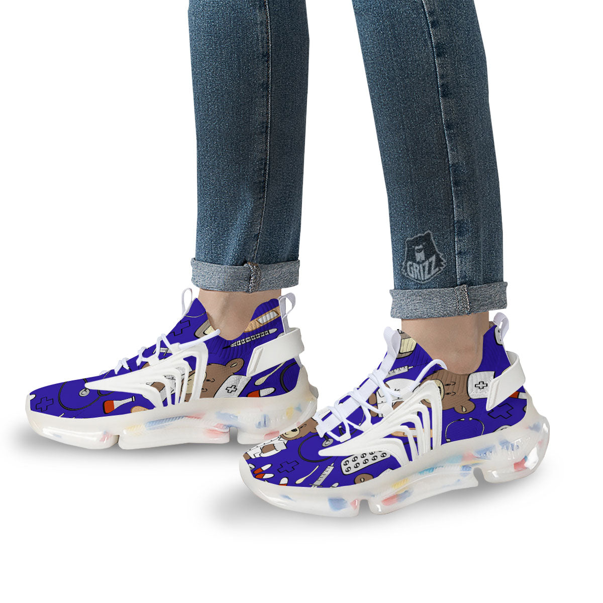 Navy Green Teddy Bear Nurse White Gym Shoes-grizzshop