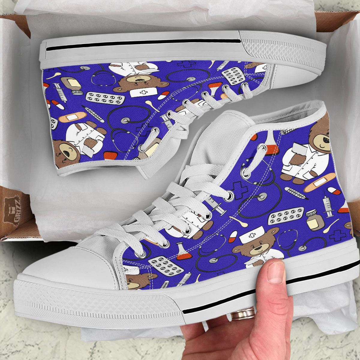 Navy Green Teddy Bear Nurse White High Top Shoes-grizzshop