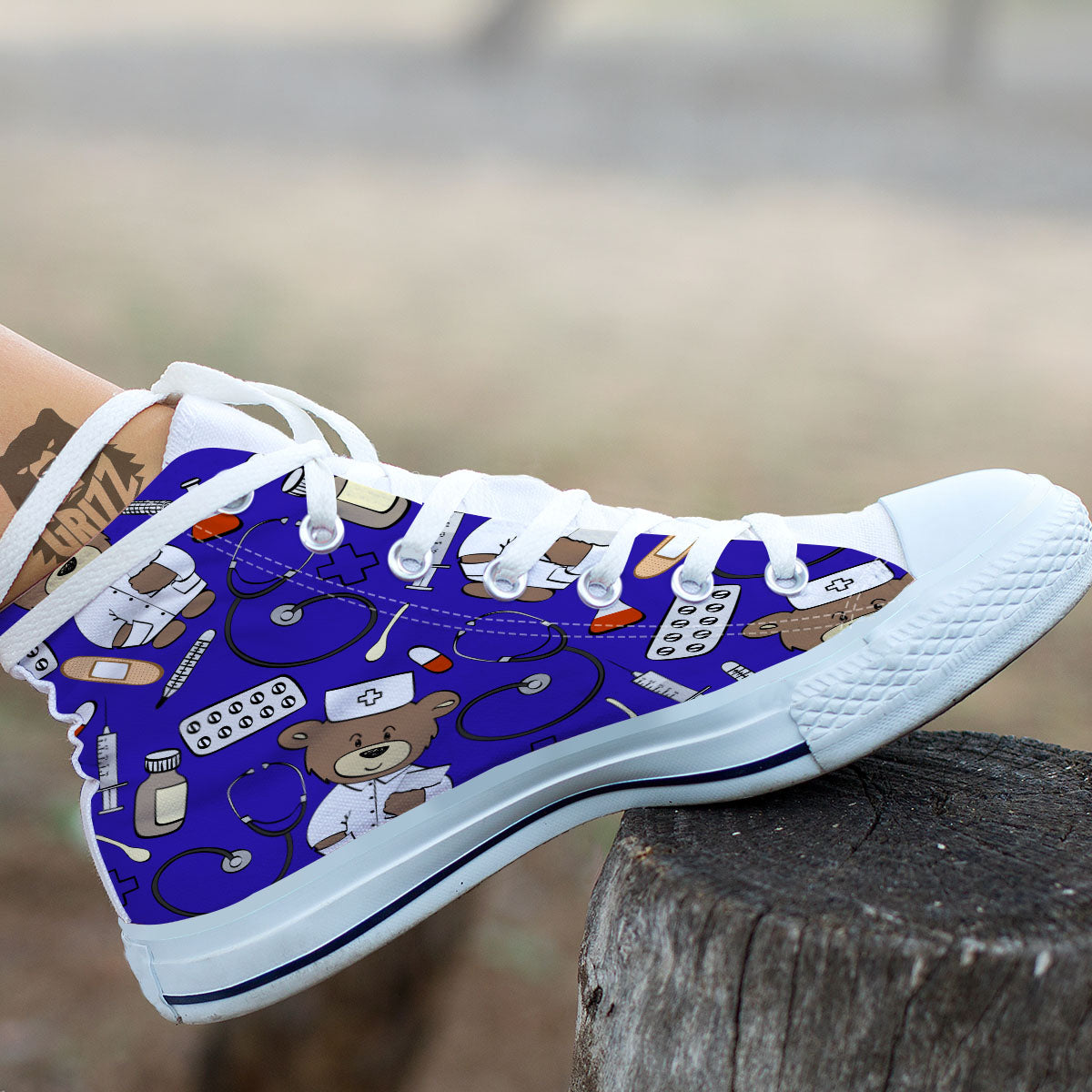 Navy Green Teddy Bear Nurse White High Top Shoes-grizzshop