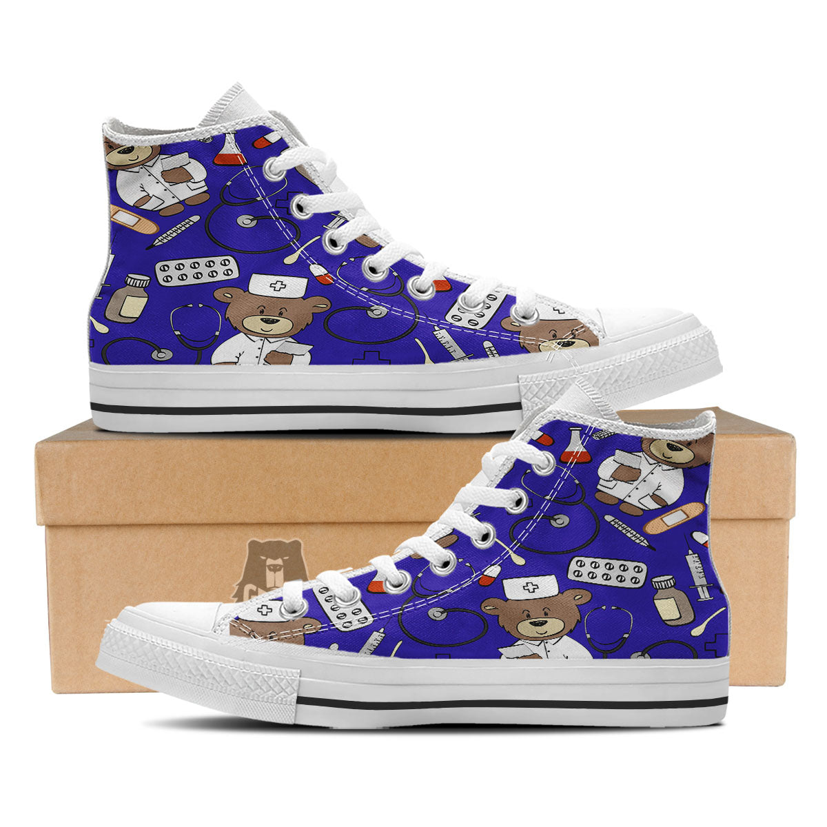 Navy Green Teddy Bear Nurse White High Top Shoes-grizzshop