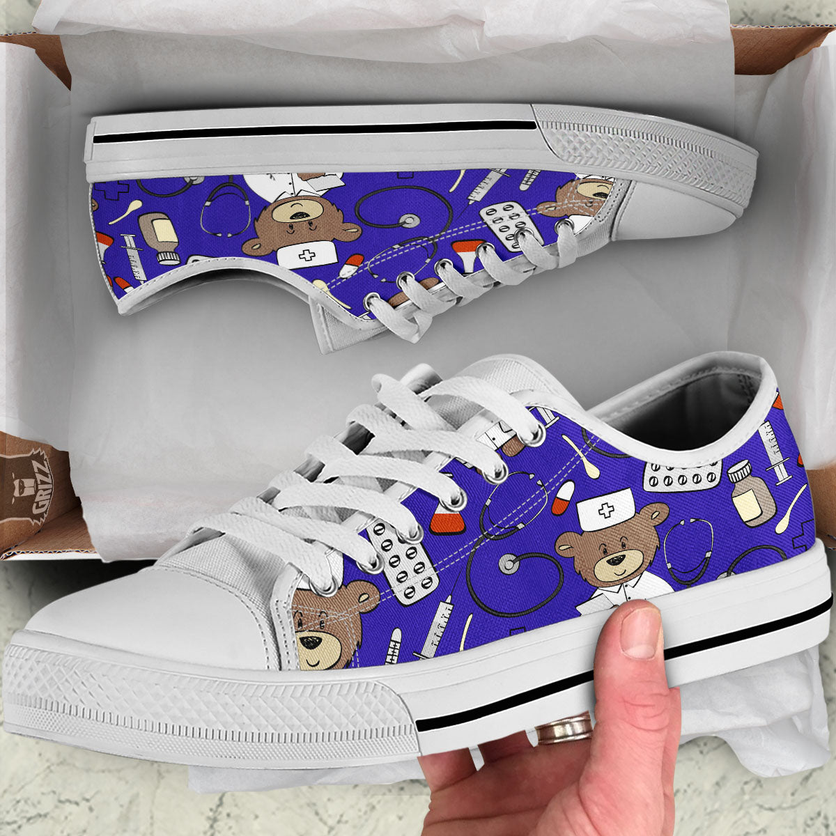 Navy Green Teddy Bear Nurse White Low Top Shoes-grizzshop