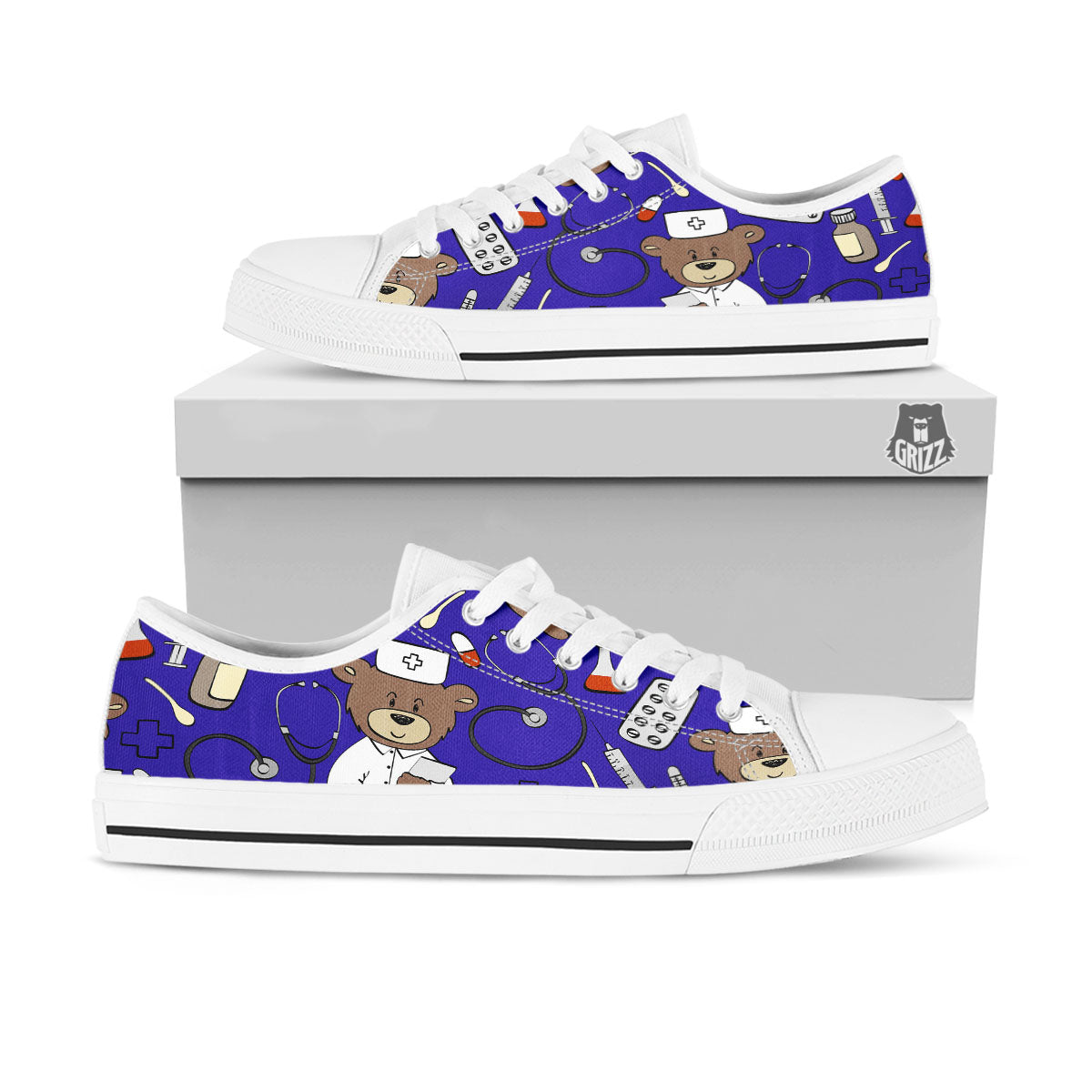 Navy Green Teddy Bear Nurse White Low Top Shoes-grizzshop