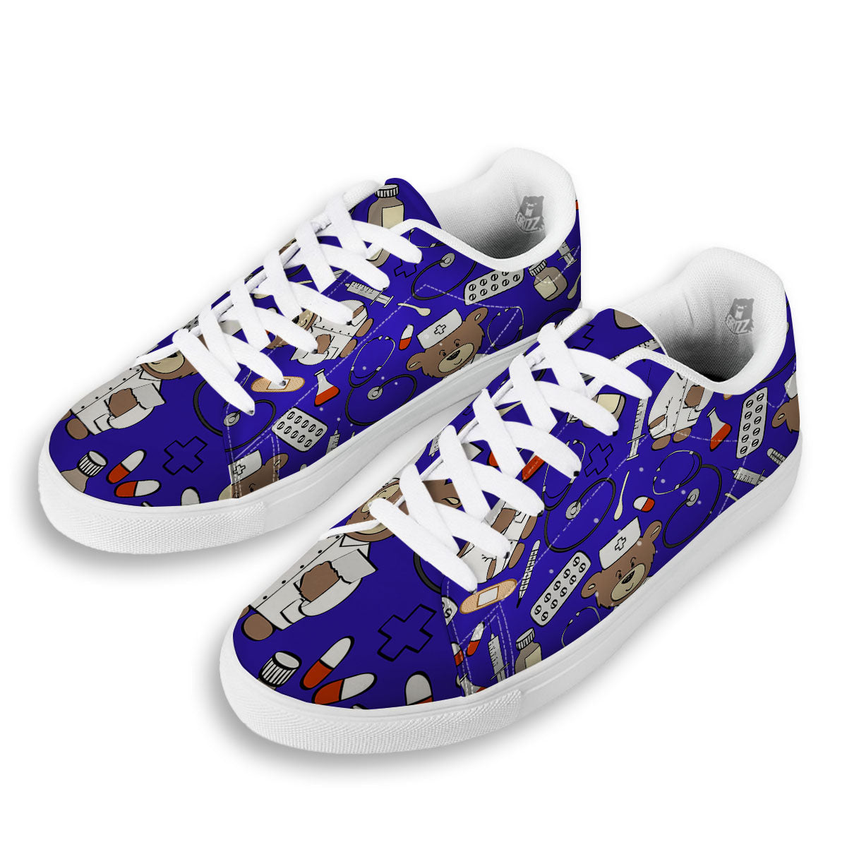Navy Green Teddy Bear Nurse White Low Top Sneakers-grizzshop
