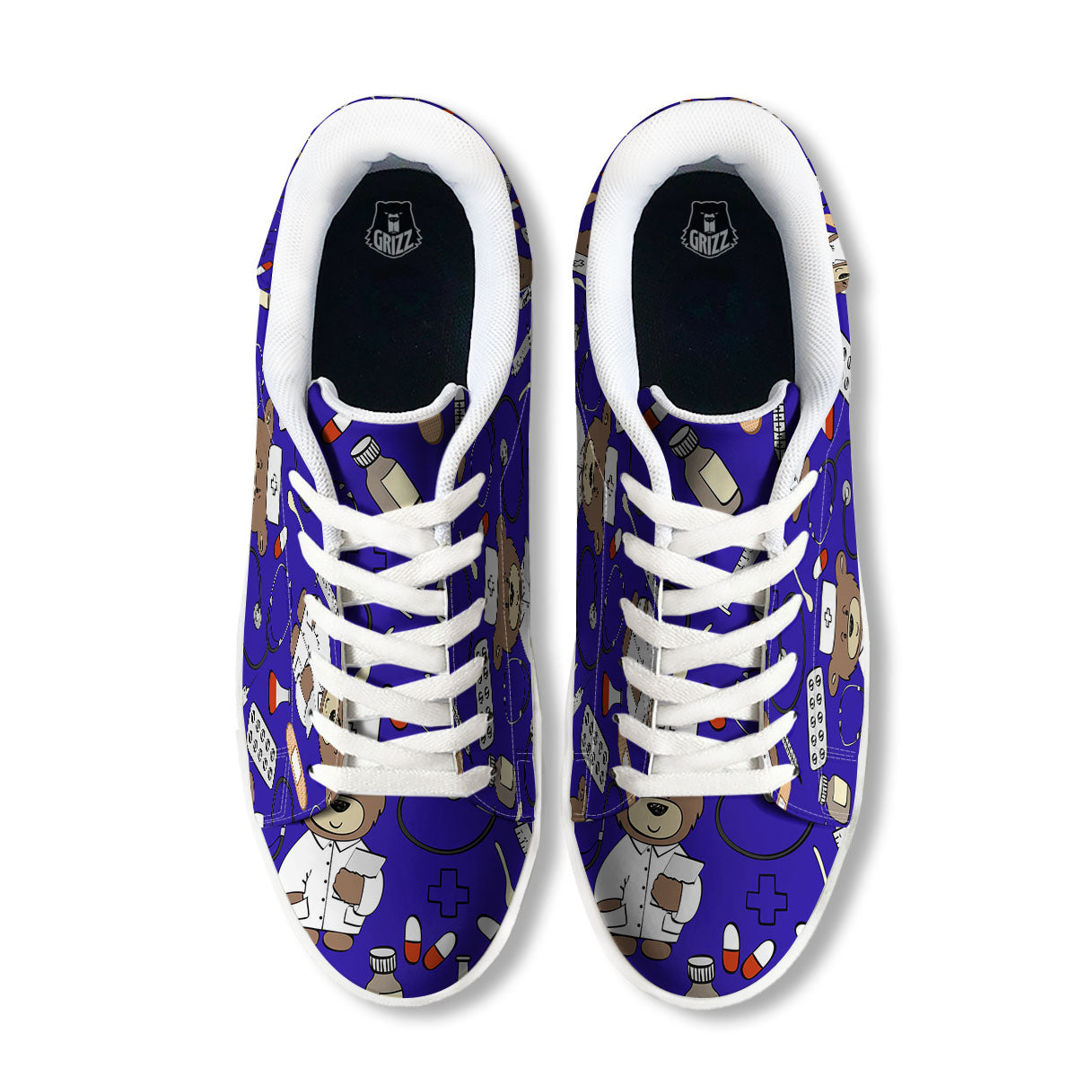 Navy Green Teddy Bear Nurse White Low Top Sneakers-grizzshop