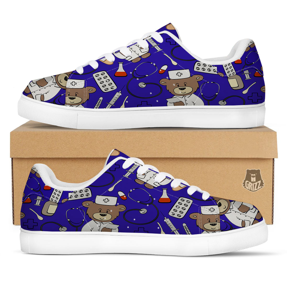 Navy Green Teddy Bear Nurse White Low Top Sneakers-grizzshop
