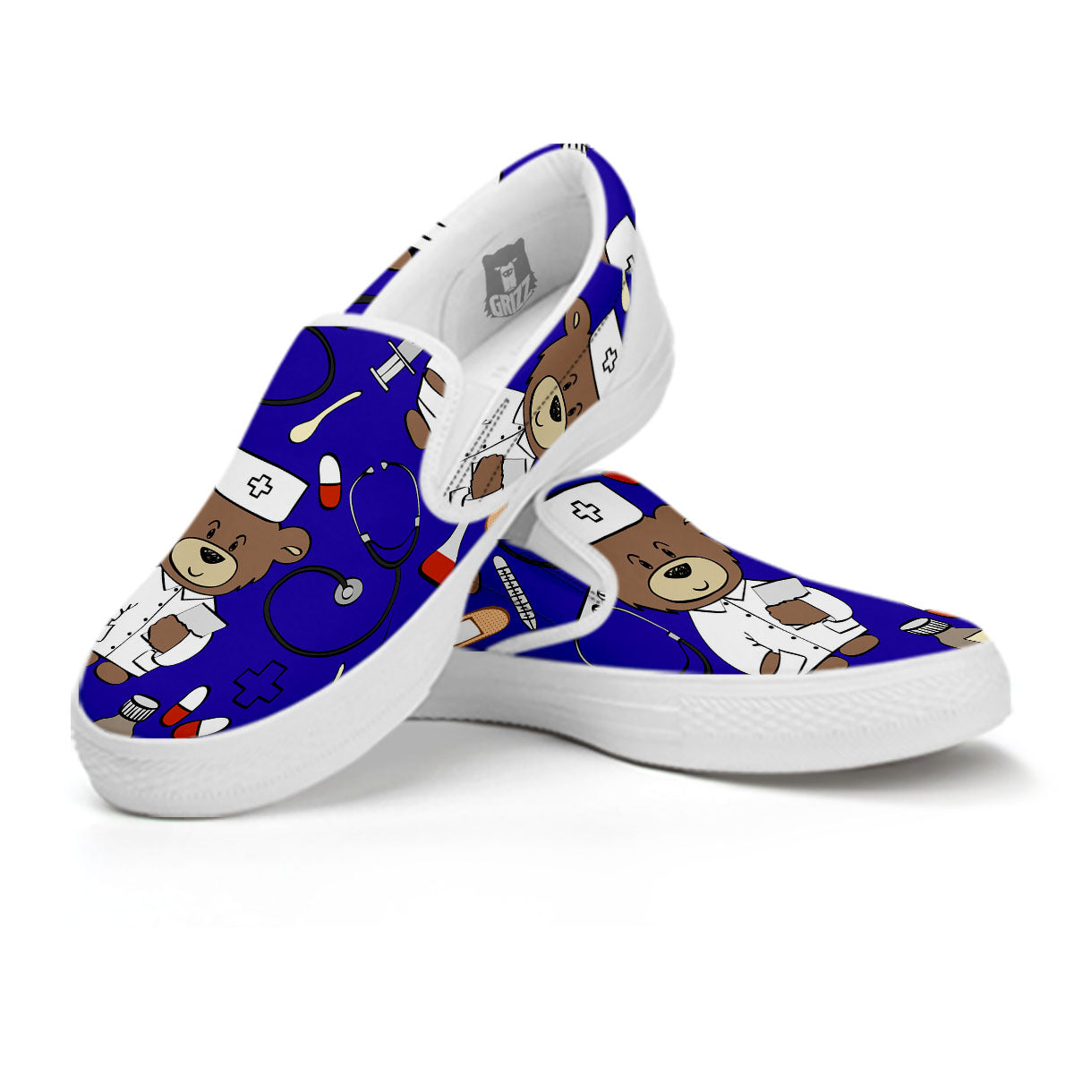 Navy Green Teddy Bear Nurse White Slip On Shoes-grizzshop