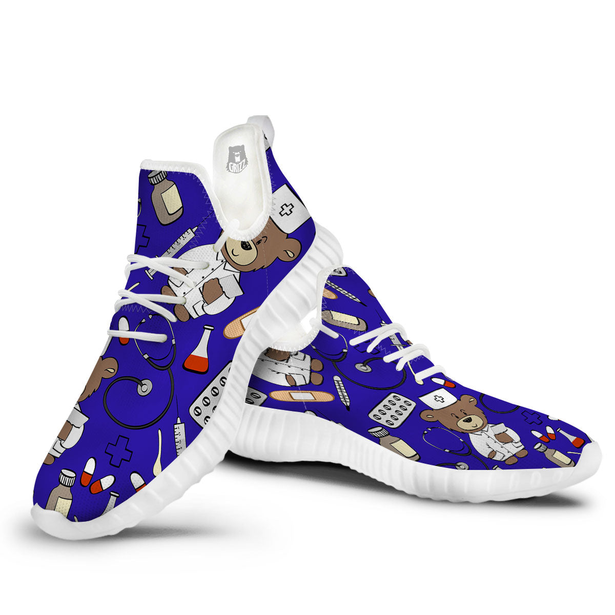 Navy Green Teddy Bear Nurse White Walking Shoes-grizzshop