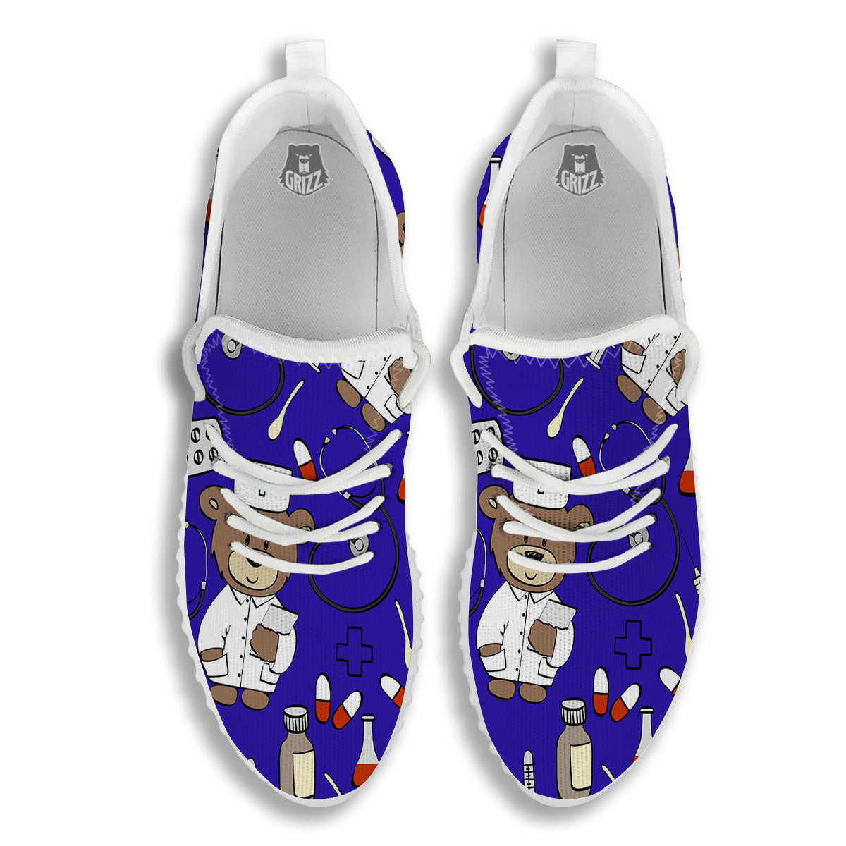 Navy Green Teddy Bear Nurse White Walking Shoes-grizzshop