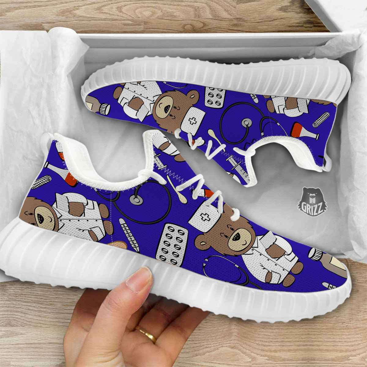 Navy Green Teddy Bear Nurse White Walking Shoes-grizzshop