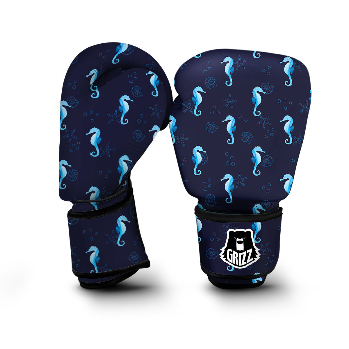 Navy Seahorse Pattern Print Boxing Gloves-grizzshop