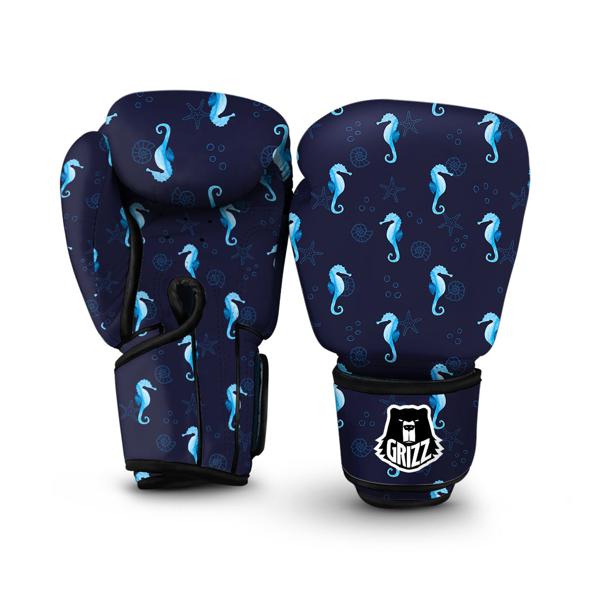 Navy Seahorse Pattern Print Boxing Gloves-grizzshop