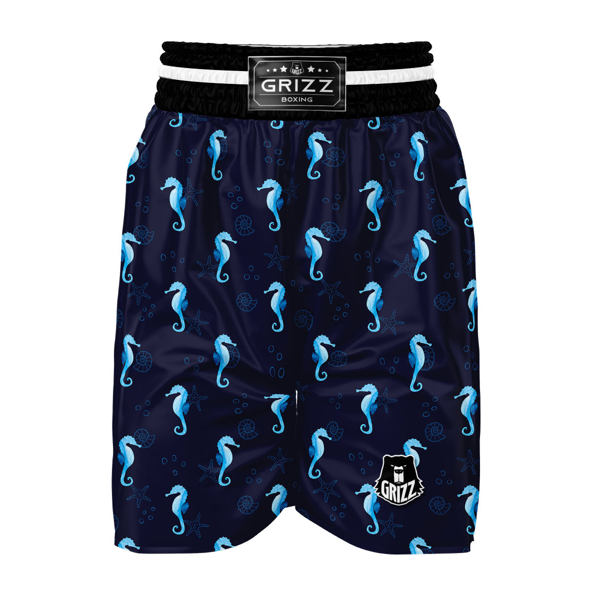 Navy Seahorse Pattern Print Boxing Shorts-grizzshop