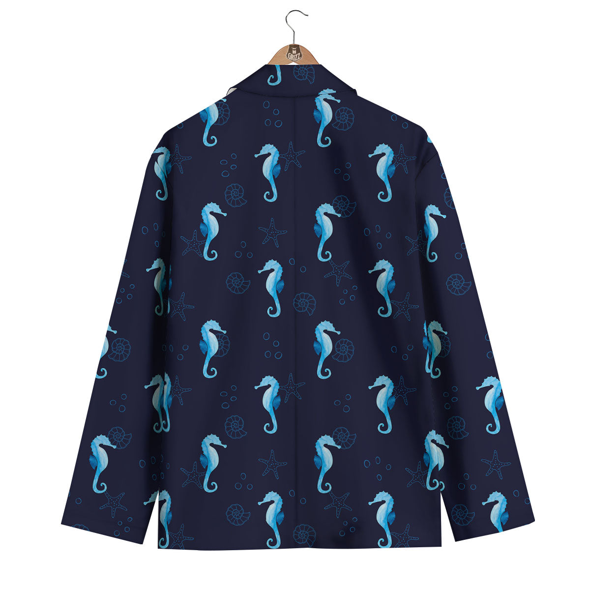 Navy Seahorse Pattern Print Men's Blazer-grizzshop