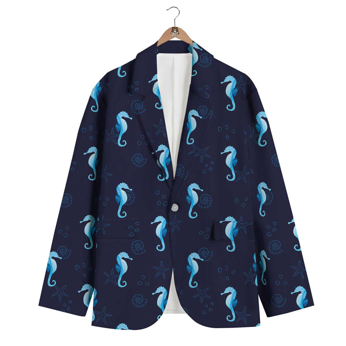 Navy Seahorse Pattern Print Men's Blazer-grizzshop