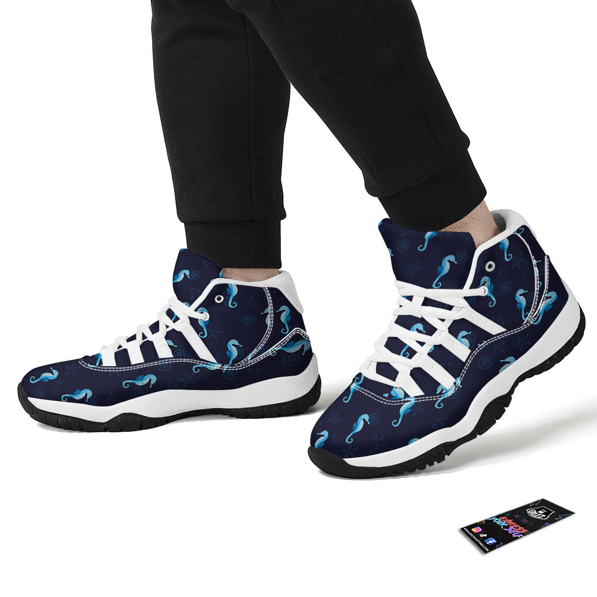 Navy Seahorse Pattern Print White Bball Shoes-grizzshop