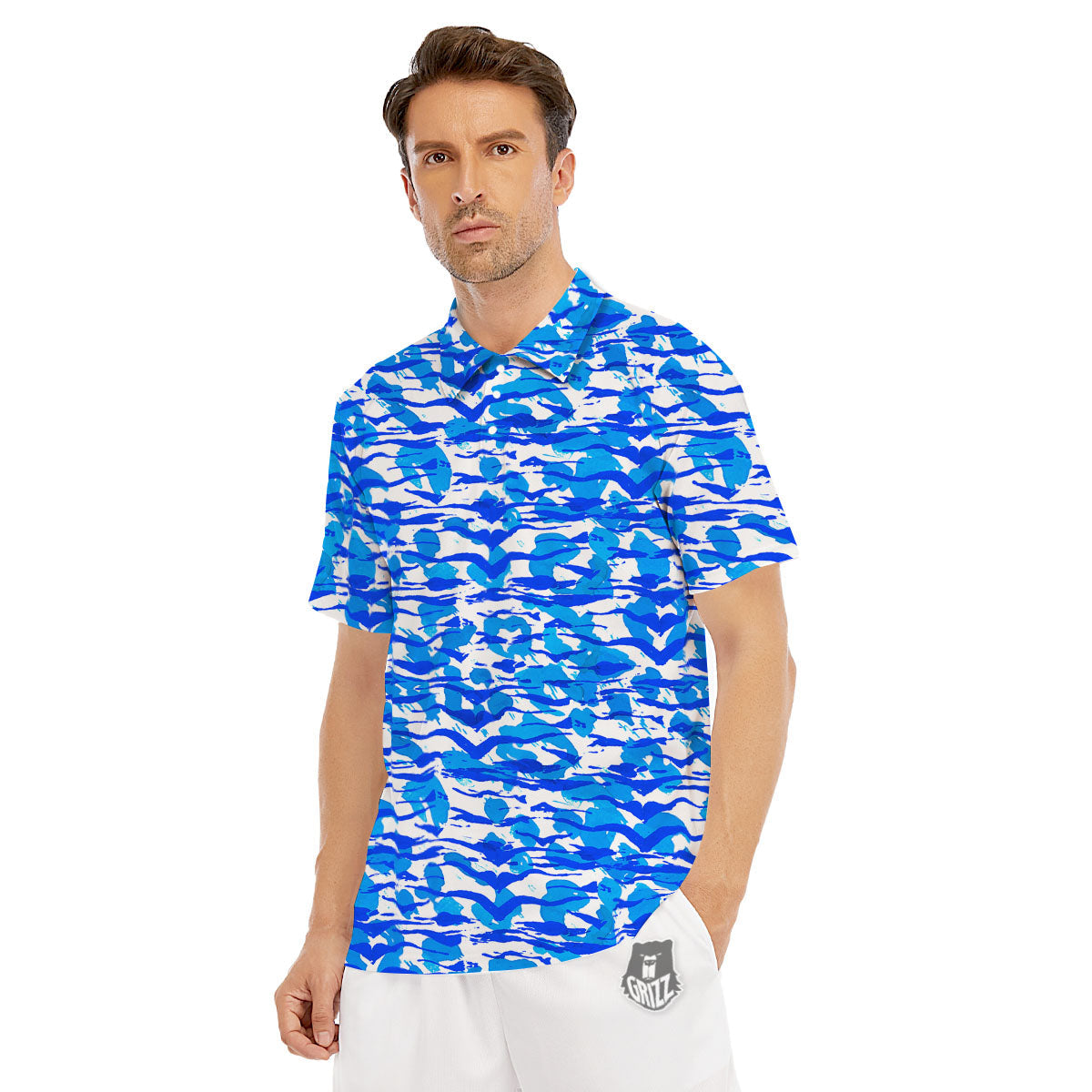 Navy Tiger Stripe Camouflage Seamless Print Pattern Men's Golf Shirts-grizzshop