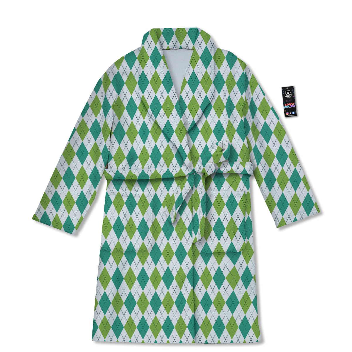 Navy White And Green Argyle Print Pattern Bathrobe-grizzshop