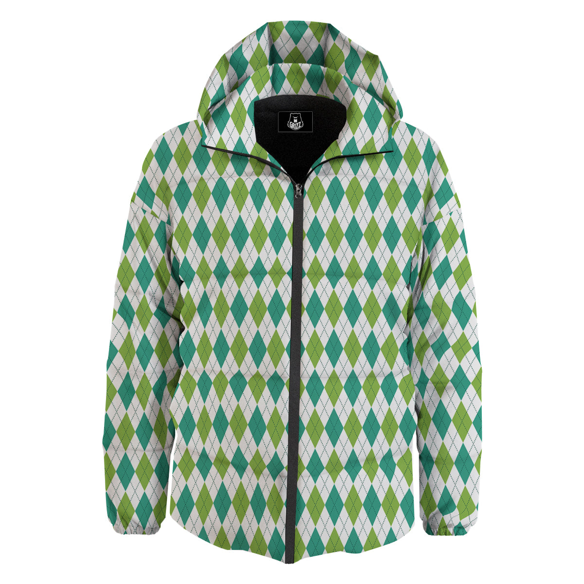 Navy White And Green Argyle Print Pattern Down Jacket-grizzshop