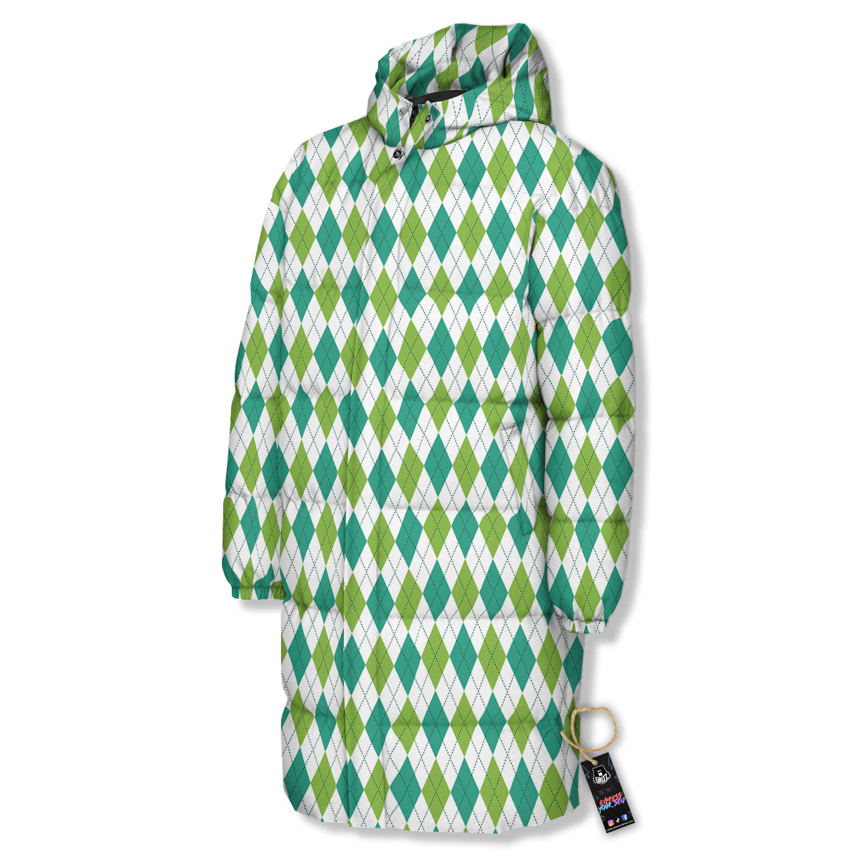 Navy White And Green Argyle Print Pattern Long Down Jacket-grizzshop