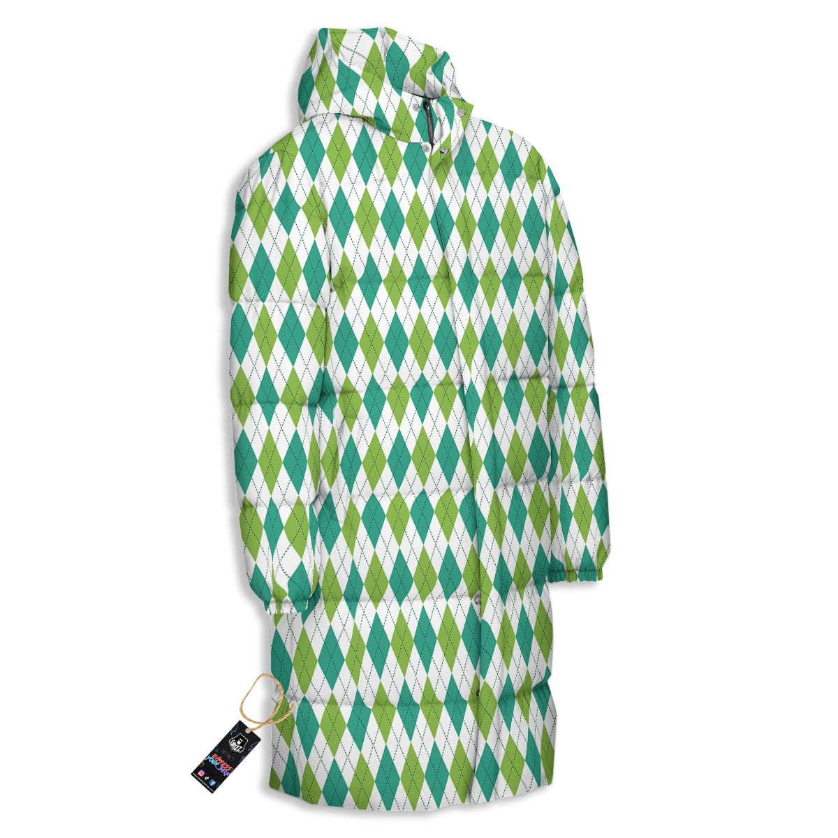 Navy White And Green Argyle Print Pattern Long Down Jacket-grizzshop