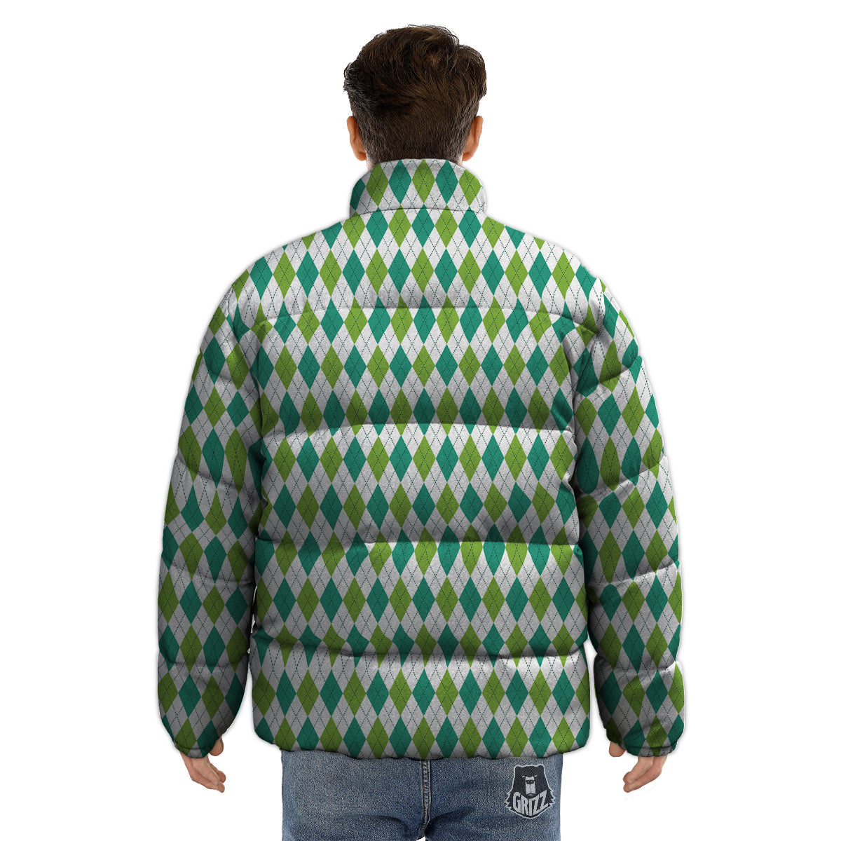 Navy White And Green Argyle Print Pattern Puffer Jacket-grizzshop