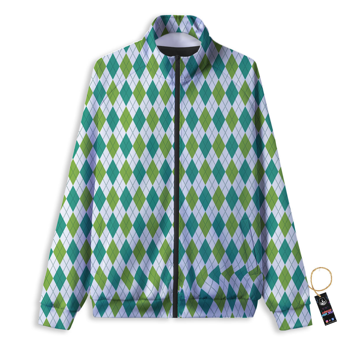 Navy White And Green Argyle Print Pattern Track Jacket-grizzshop