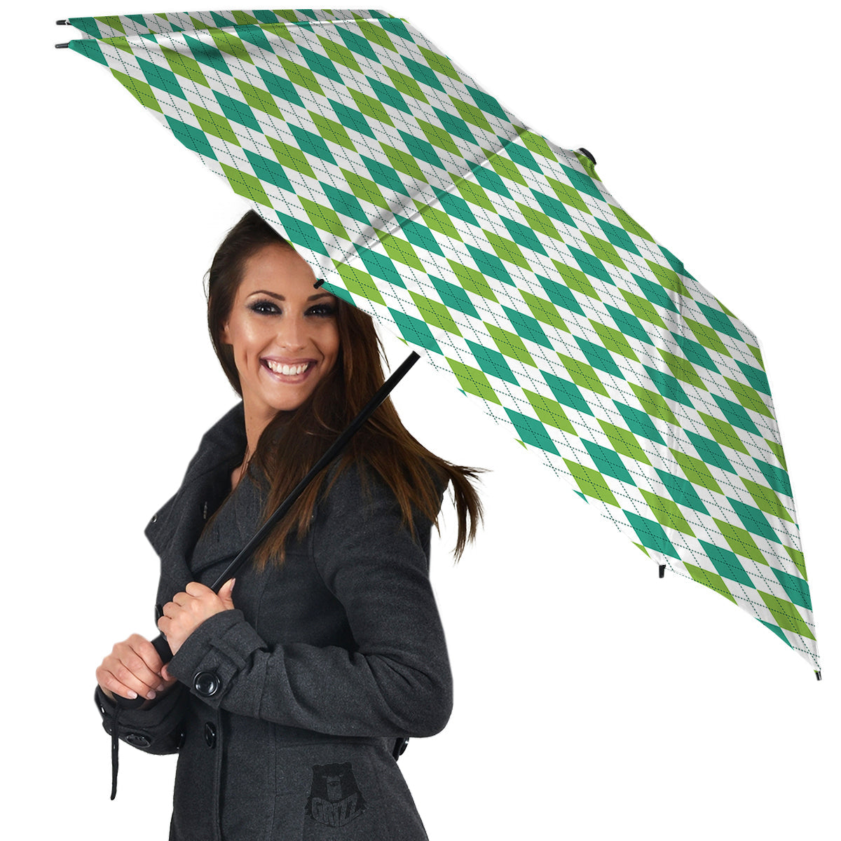 Navy White And Green Argyle Print Pattern Umbrella-grizzshop