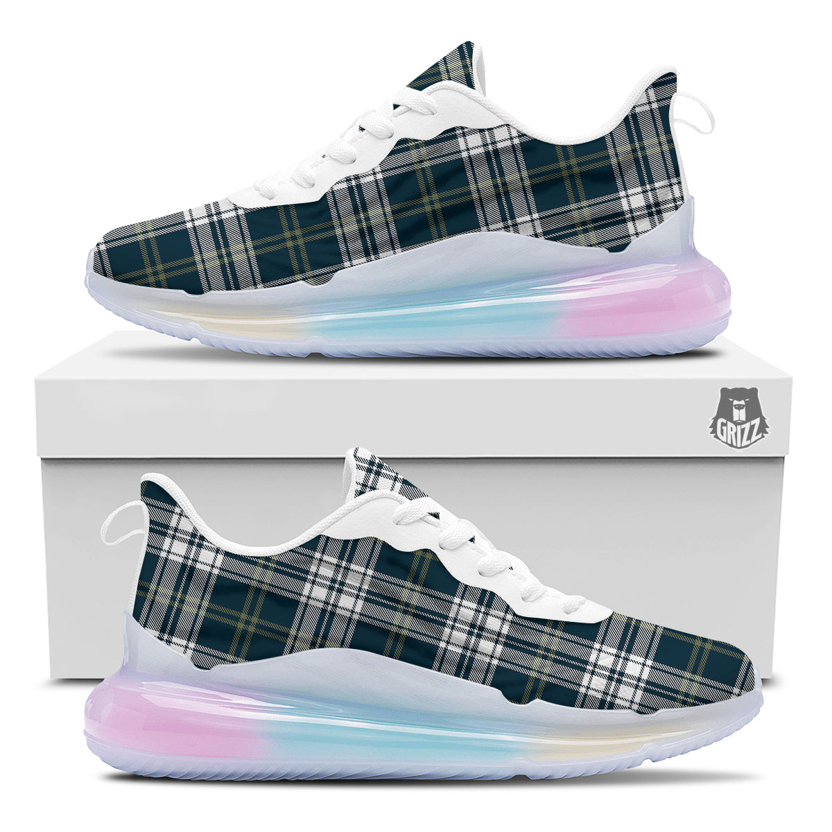 Navy White And Green Plaid Print Pattern Running Sneakers-grizzshop
