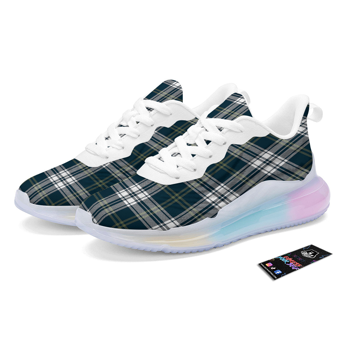 Navy White And Green Plaid Print Pattern Running Sneakers-grizzshop