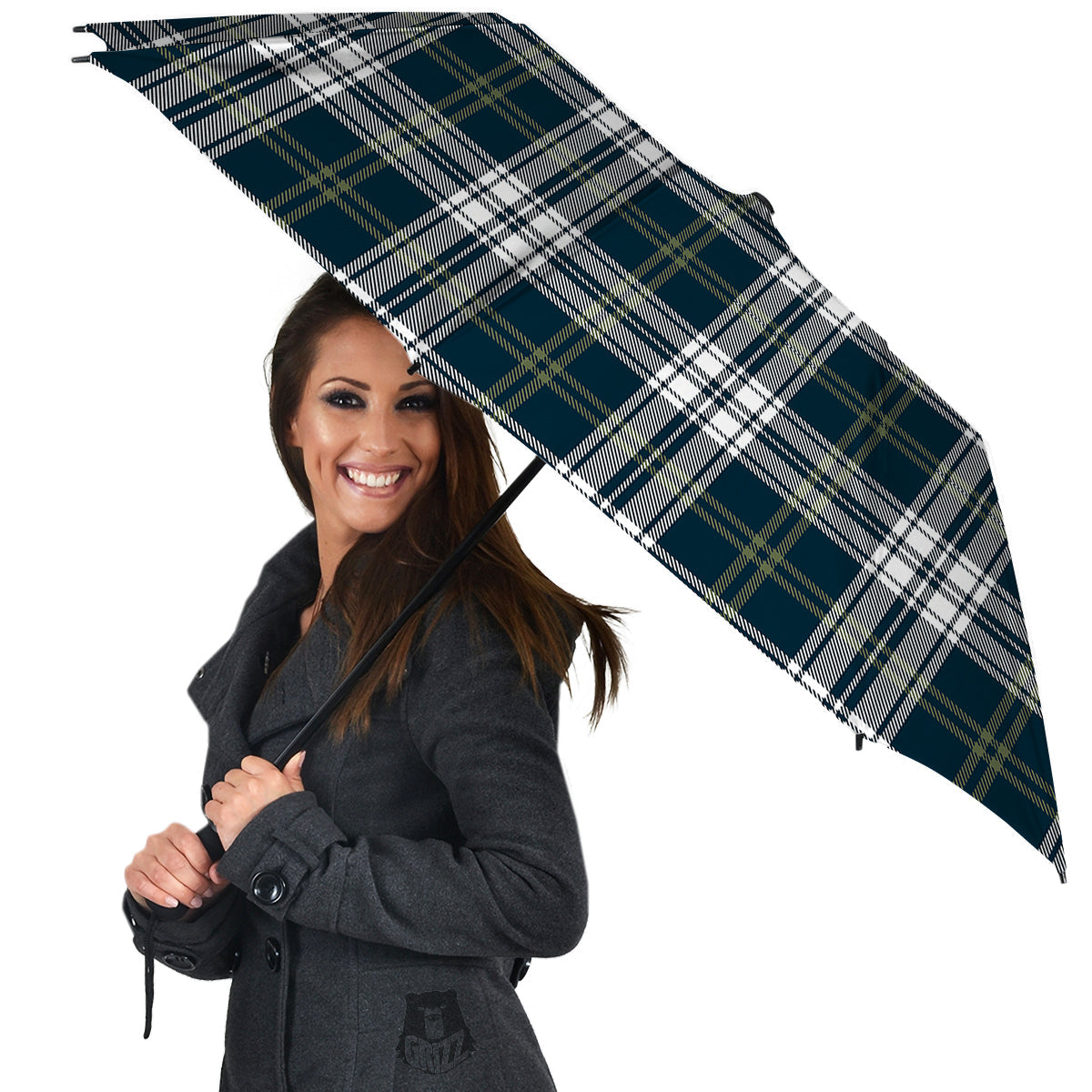 Navy White And Green Plaid Print Pattern Umbrella-grizzshop