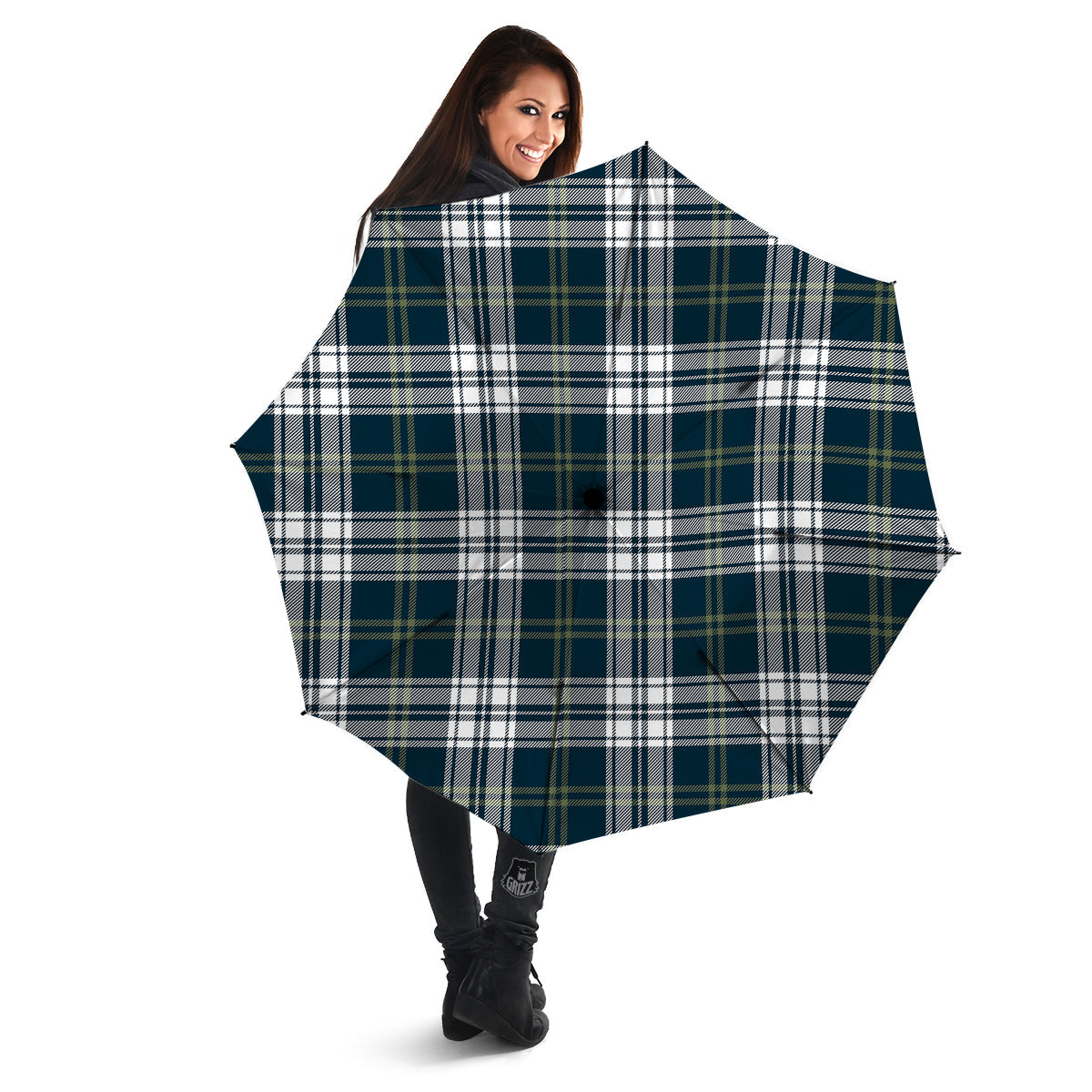 Navy White And Green Plaid Print Pattern Umbrella-grizzshop