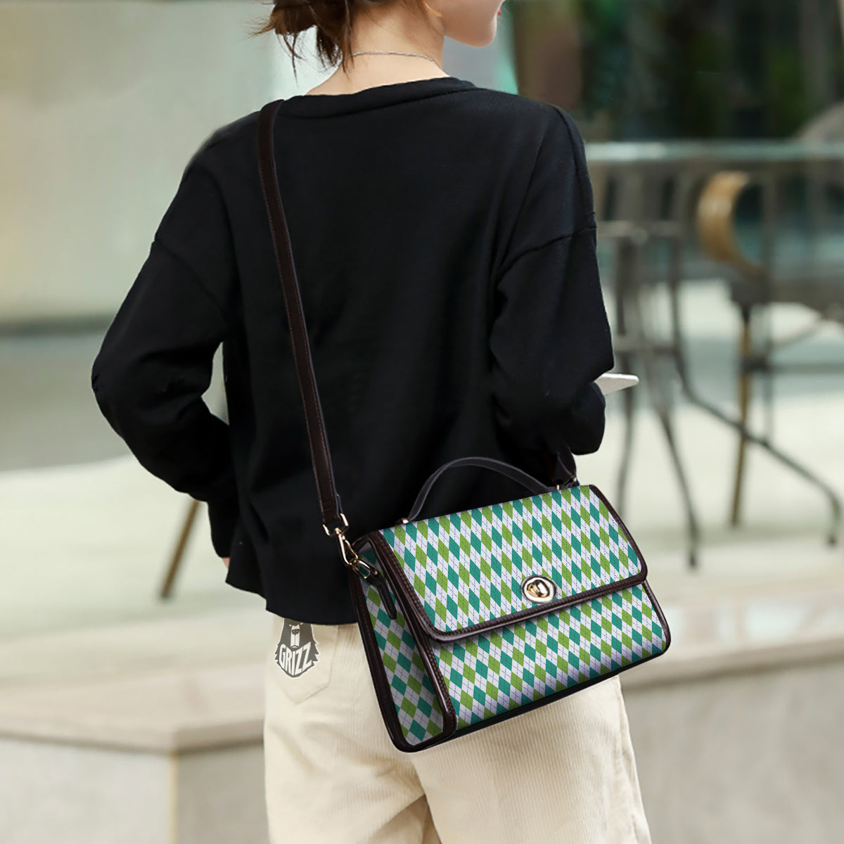 Navy White And Green Argyle Print Pattern Women's Satchel Bag