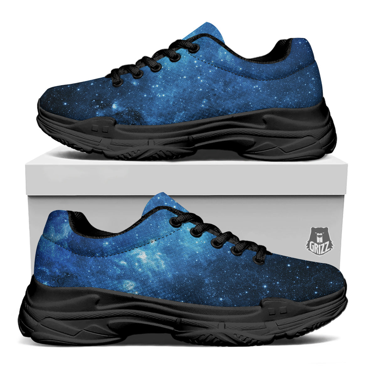 Nebula Galaxy Space Blue Light Print Black Chunky Shoes-grizzshop
