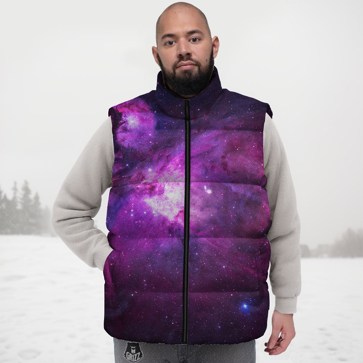 Nebula Galaxy Space Purple Stars Print Down Vest