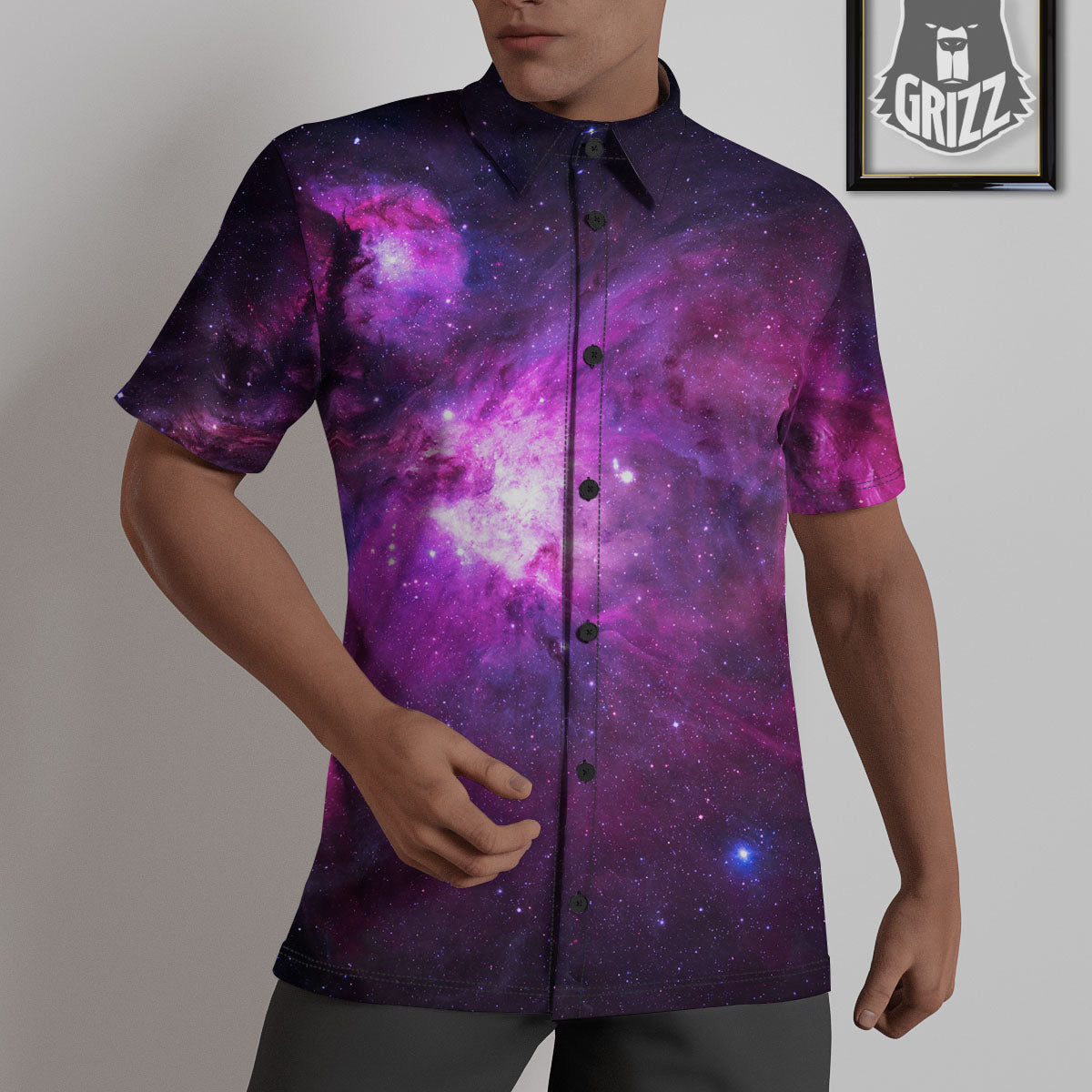 Nebula Galaxy Space Purple Stars Print Untucked Shirts-grizzshop