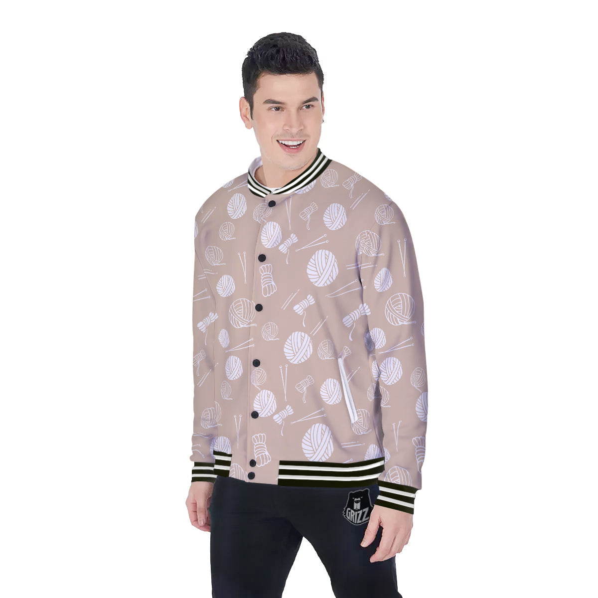 Needle And Yarn Print Pattern Baseball Jacket-grizzshop
