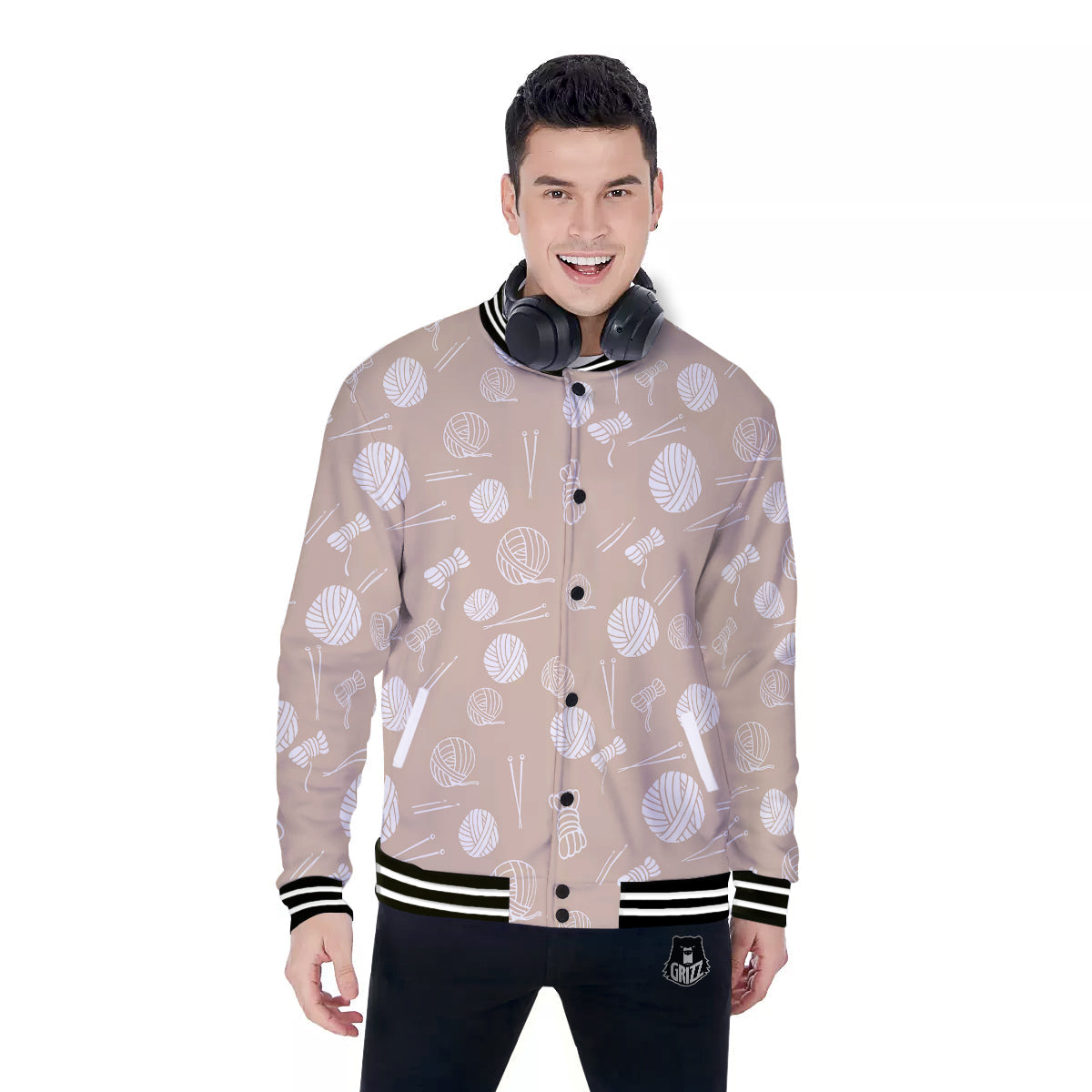 Needle And Yarn Print Pattern Baseball Jacket-grizzshop