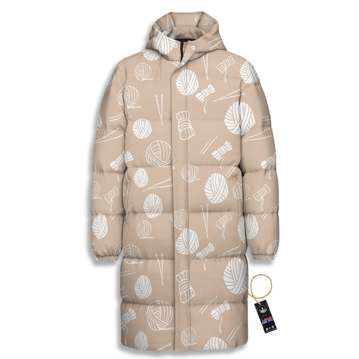 Needle And Yarn Print Pattern Long Down Jacket-grizzshop